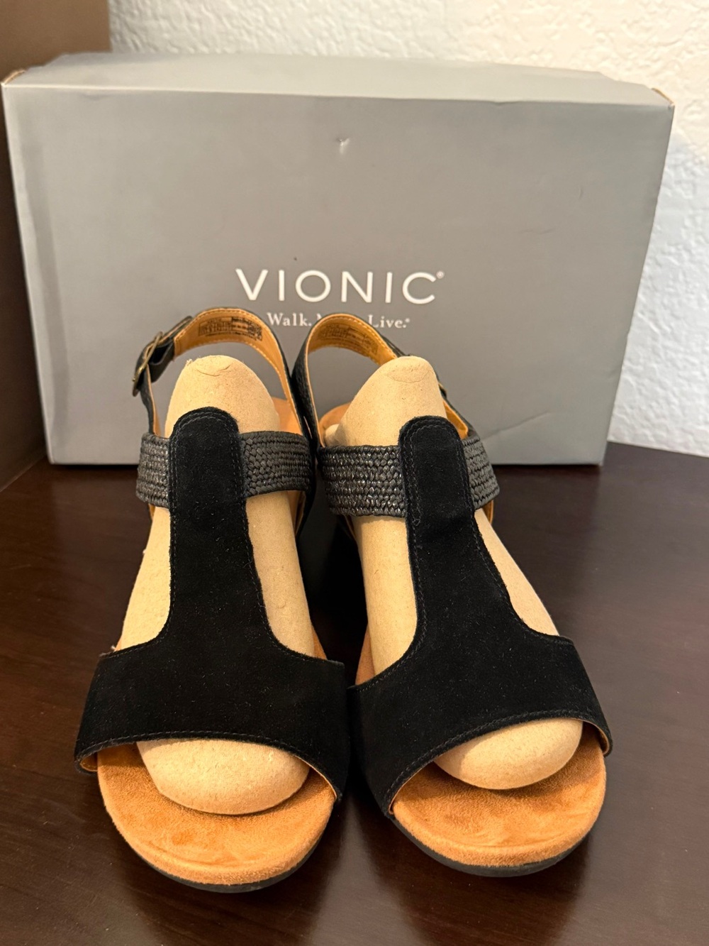 Vionic Kaytie Black Suede Cork Wedge Sandals Orthotic Women's Size 11